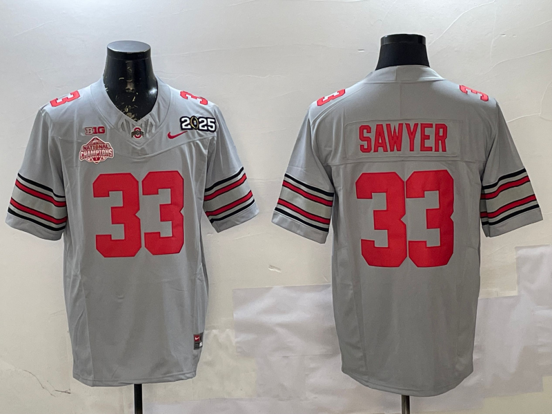 Men's Ohio State Buckeyes Jack Sawyer #33 Gray 2025 CFP Final National Champions Patch F.U.S.E. Jersey